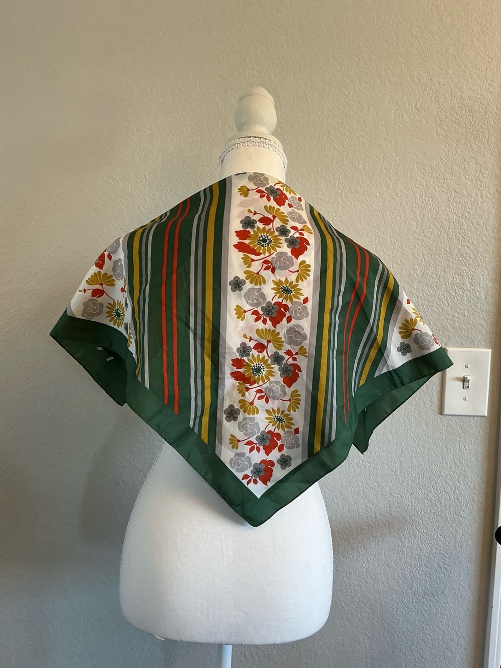 Vintage Vera Neumann Mod Scarf Green Orange Floral Striped Square 27" Japan